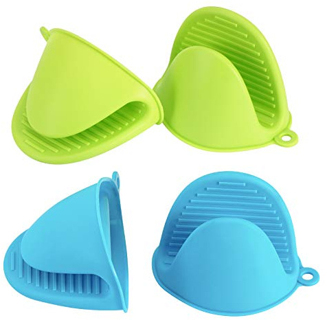 Vaincre 4PCS Silicone Oven Mitts Heat Resistant, Silicone Potholders for Kitchen, Mini Rubber Oven Glove Kitchen Mittens, Cute Cooking Mitts (Blue and Green)