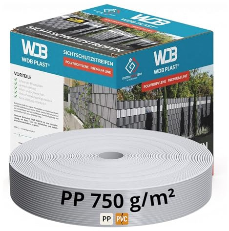 WDB - Sichtschutzstreifen für Doppelstabmatten Sichtschutz Zaun | Hart PP Windschutz Premium Line - 4,75 cm x 50 m - 750 g/m2 - Grau RAL 7040