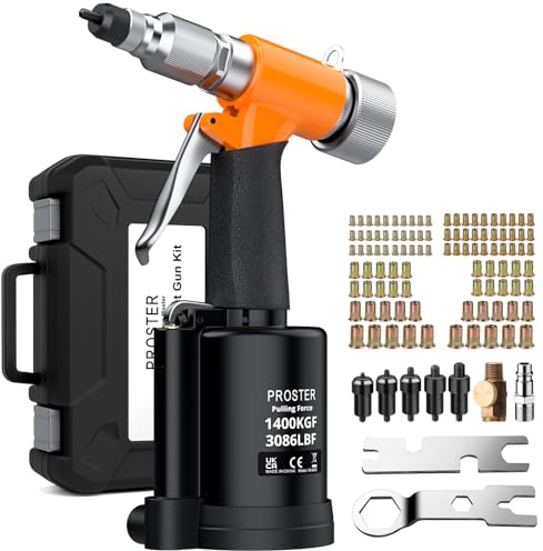 Proster Remachadora de Tuercas Neumática con 100 Tuercas M4 M5 M6 M8 M10 Pistola Remachadora de Aire Comprimido Herramienta de Remachado con 5 Mandriles 2 Llaves para Industria Maquinaria Automóvil