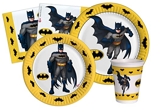 Kit Vaisselle de Fête Batman DC Comics pour 24 personnes (112 pcs: 24 assiettes Ø23cm, 24 assiettes Ø18cm, 24 gobelets 250ml, 40 serviettes 33x33cm) en papier compostable eco-friendly