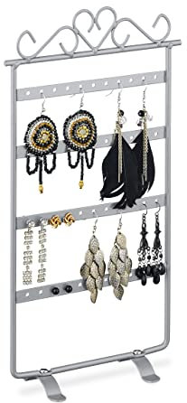 Relaxdays Espositore Portaorecchini, Orecchini Pendenti e a Perno, Design Vintage, 44 Fori, HLP 30,5x16,5x6,5 cm Argento, Ferro
