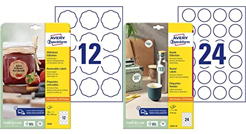 AVERY Zweckform Marmeladenetiketten Art. 5085 (120 Aufkleber ablösbar, 60x59,5mm auf A4, Blumenform, ideal für Einmachgläser, Gebäcktüten)10 Blatt weiß & Runde Etiketten L3415-10 weiß