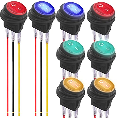 MKBKLLJY 8St. Rot/Gelb/Blau/Grün LED 12 Volt Wippschalter Wasserdicht Runder Kippschalter 12V Beleuchtet Ein Aus 3 Pin SPST für Auto Boot Automotive RV mit verriegelten Klemmen Drähte 4Farbe