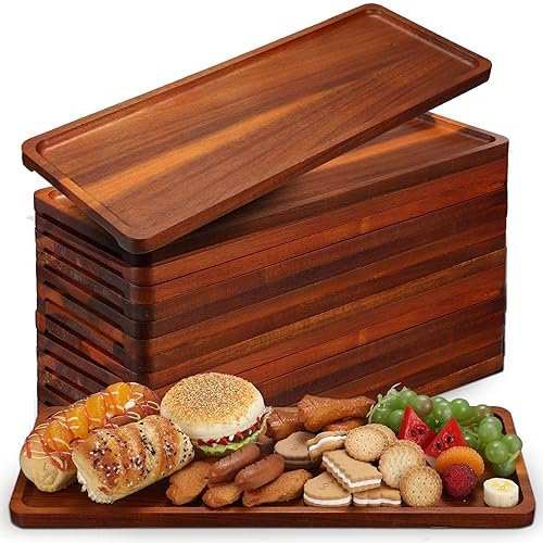 Skylety 15 Pack Solid Wood Serving Tray Large Acacia Party Server Platter Rectangular Charcuterie Board with Grooved Handle for Home kitchen Cheese Appetizer Farmhouse Table Supplies (16.7 x 6.4 Inch)