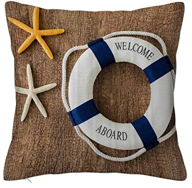 Überwurf Kissen Fall Quadratisch Kissenbezug,Rettungsring und Seestern an Einer Holzwand Hartholz-Design befestigt,Home Dekorative Sofa Sessel Schlafzimmer Wohnzimmer 45x 45cm