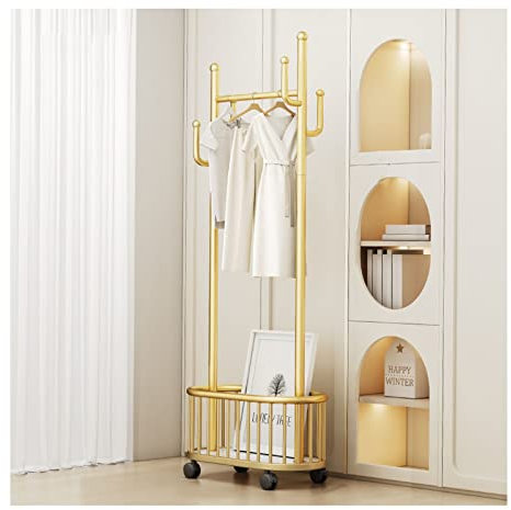 Hallenbaum mit Haken Einzelne aufgeräumte Schienen Robuster Kleiderständer aus Metall Freistehender Kleiderbügel Mobiler Kleiderwagen Mit unterem Aufbewahrungskorb für Schlafzimmer ( Color : Gold , Si