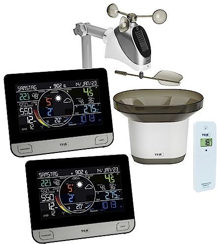 TFA Dostmann Wetterstation WLAN View PRO 35.8003.Plus mit 2 Farbdisplay, Außensensor Wind/Temperatur/Luftfeuchtigkeit, mit Regenmesser, Luftdruck, inkl App & Profi-Wettervorhersage, digital, schwarz