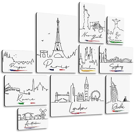Giallobus - Conjunto de 10 Pinturas de Paneles múltiples - Ciudad - Línea de la Ciudad 2 - Madera de MDF - | 2 x 42x29,7cm | 4 x 29,7x21cm | 4 x 21x14,85cm | - Listo para Colgar - Cuadros