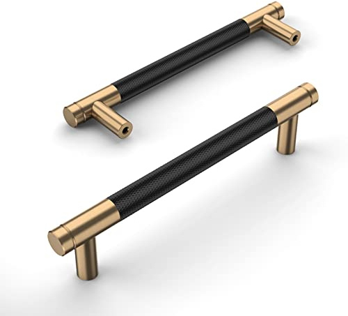 Amerdeco 5 Stück Mattes Schwarz-Gold Schrankgriffe 128mm Lochabstand, Aluminium Griffe für Küchenschränke & Möbelgriffe für Schubladen