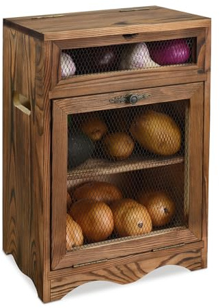Ikee Design Aufbewahrungsbehälter für Kartoffeln und Zwiebeln aus Holz, Aufsatzschrank, Brotboxen, Kartoffelaufbewahrung, Kaffeestation, 30 x 17 x 40 cm, rustikale Farbe