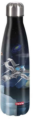 Step by Step Isolierte Edelstahltrinkflasche „Starship Sirius blau -schwarz, Raumschiff, für kohlensäurehaltige Getränke, auslaufsicher, Schraubverschluss, 100% recycelbar, Schule & Freizeit, 0,5 L