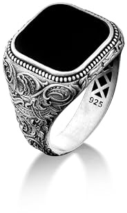 BySilverStone - Viktorianischer Ring Mit Flachem Oberteil Und Schwarzem Onyx, Onyx-Siegelring Aus 925Er Sterlingsilber Für Männer, Onyx-Herrenring Im Antiken Stil