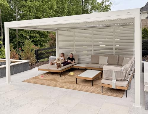 PURPLE LEAF Pergola 3.65 x 4.8 m mit Lamellendach Entwässerungssystem, Weiß | Regenablauf-System, Korrosionsbeständiges Alu-Lamellen, Flexible Beschattung, Geringer Wartungsaufwand,Moderne Outdoor-Lounge