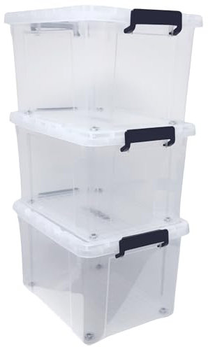 BARGAIN FACTORY 3 x Clear Plastic Storage Container Large Boxes With Lids, Closing Clips and Wheels 43L Integrated Handles Stackable BPA Free Box For Bedroom Office Living Room Kitchen