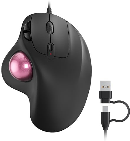 Nulea M509 Trackball Mouse Wired, Ergonomic Design, Easy Thumb Control, Precise & Smooth Tracking, 2-in-1 Interface (Type A &Type C), Compatible for PC, Laptop, Mac, Windows(Pink)