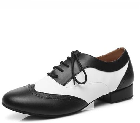 Chaussures de Danse Homme Standard Latin Salsa Cuir Chaussures à Lacets Chaussure de Danse Bicolore Homme,Nero+Blanc,Tacco 2.5cm,Suola in camoscio,43EU