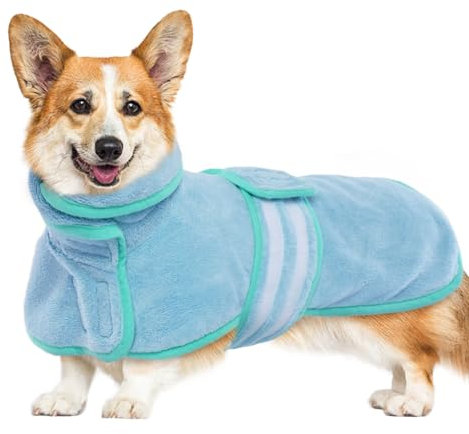 MHaustlie Hundebademantel Handtuch, superabsorbierende Hundetücher zum Abtrocknen von Welpen mit verstellbarem Bauchriemen, extraweicher Bademantel für kleine Hunde (Blau, M)