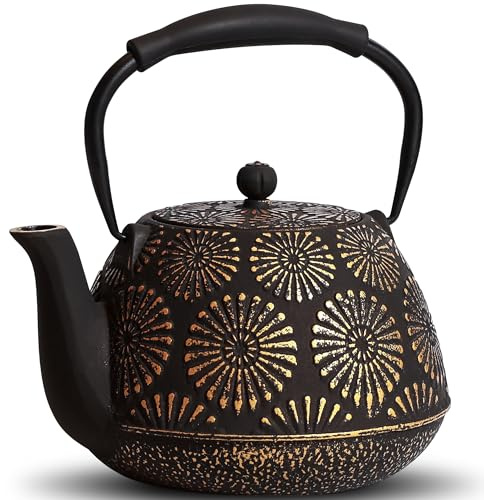 MILVBUSISS Cast Iron Teapot, 1200ml Large Capacity Tea Kettle with Infuser for Stove Top, Sakura Design Japanese Tea Pot for Loose Leaf Coated with Enameled Interior, Silicone Handle 40oz Black