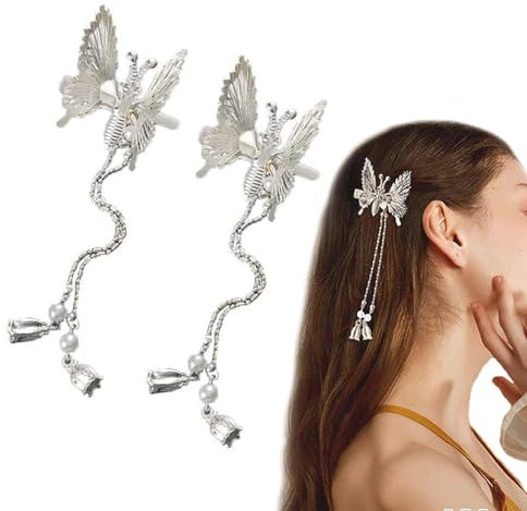 Elegant Butterfly Hairpin, Butterfly Hair Clip Pearl Hair Comb Clip, Moving Butterfly Hair Clips, Antique Side Clip, Bridal Hair Accessories for Ladies Girls. (Silver)