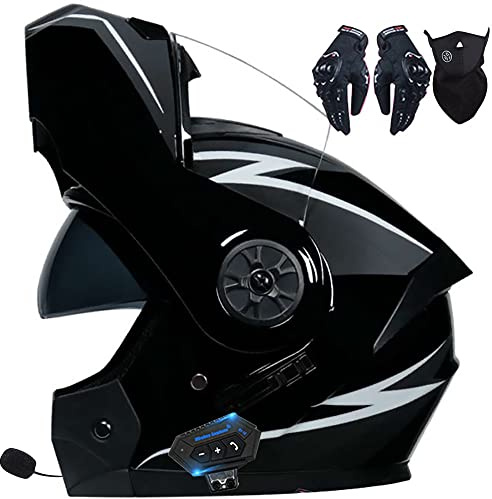 Casque Modulable Moto Bluetooth Intégré ECE Homologué avec Double Visière Anti-buée Casques Intégraux Racing Motocross Ventilation Noir Mat pour Homme Femme 55~62cm