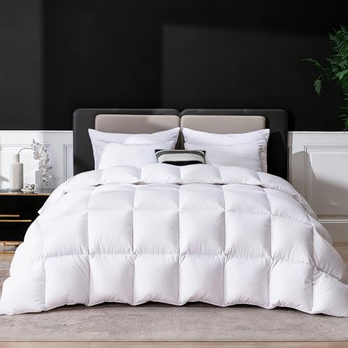 LESNNCIER Goose Feather Down Fiber Comforter Full Size, Ultra Soft Fluffy Duvet Insert with Cotton Blended Fabric,1200TC,750+FP All Season Luxury Hotel with 8 Corner Tabs(White,82x86)
