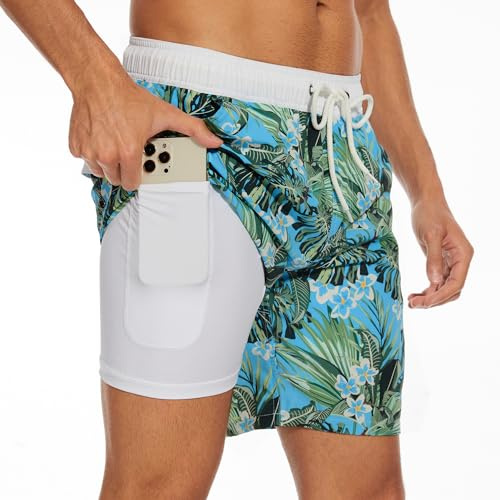 AUFIKR Badbyxor för män, dubbelskikts strandshorts med kompressionsfoder, 2 i 1 brädshorts med fickor, surfning, sport, surfbrädshorts