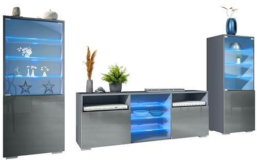 Vladon Wohnwand Granada, Anbauwand bestehend aus 2 Vitrinen und 1 TV-Board, Anthrazit matt/Grau Hochglanz inkl. LED-Beleuchtung (286 x 122,5 x 35 cm)