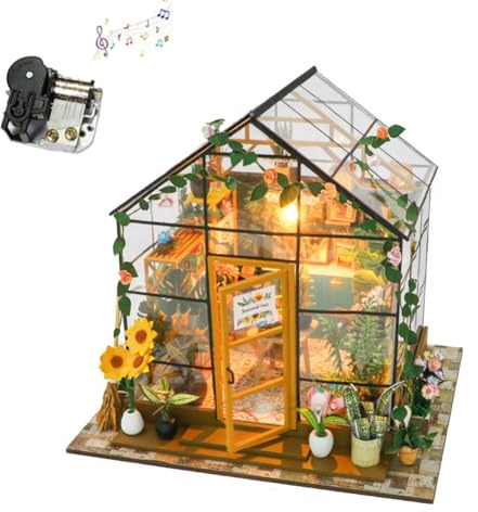 iiecrKiie Kit de casa de muñecas en miniatura, kit de construcción de diorama de invernadero, juego de construcción con LED para habitación, manualidades para adultos, regalos para adolescentes, color