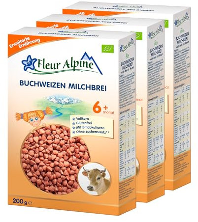 FLEUR ALPINE Bio Buchweizen - Baby Milchbrei für köstliches Frühstück, Nahrhafter und einfach zuzubereitender glutenfreier Brei, Babynahrung nach dem 6+ Monate ohne Zuckerzusatz, 3x5 Portionen