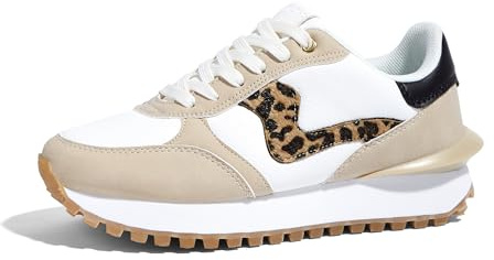 LUCKY STEP Zapatillas de Plataforma para Mujer – Calzado de Tenis Retro, Casual de Caminar, Sneakers Elegantes, Resistentes, Deluxe, para Correr y Patinar (Beige/Leopardo, 11US-42EU-9UK)