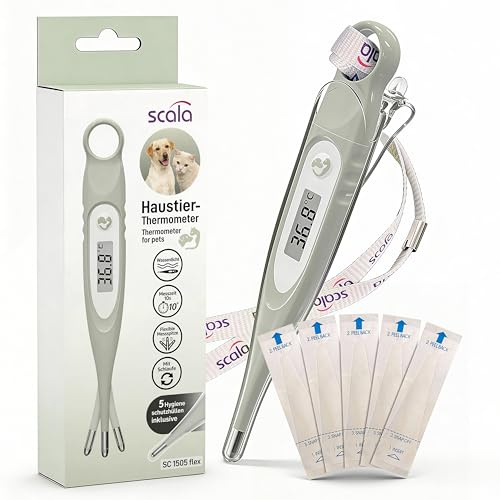 scala SC 1505 flex Haustierthermometer mit flexibler Spitze für eine besonders sanfte Messung inkl. 5 Hygieneschutzhüllen und Befestigungsschlaufe, Fieberthermometer für Hund & Katze