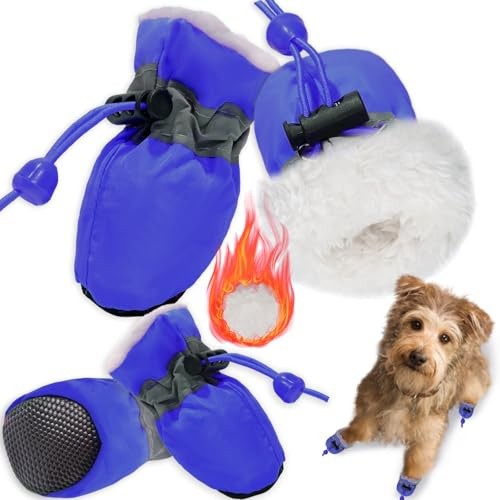 Hundeschuhe Pfotenschutz,4PCS Plüsch Hundestiefel,Hundeschuhe Winter,Hund Schneestiefel,Bequeme Atmungsaktive,Hundeschuhes mit reflektierenden Riemen,für kleine, mittlere,Sport im Freien (Blau 4)