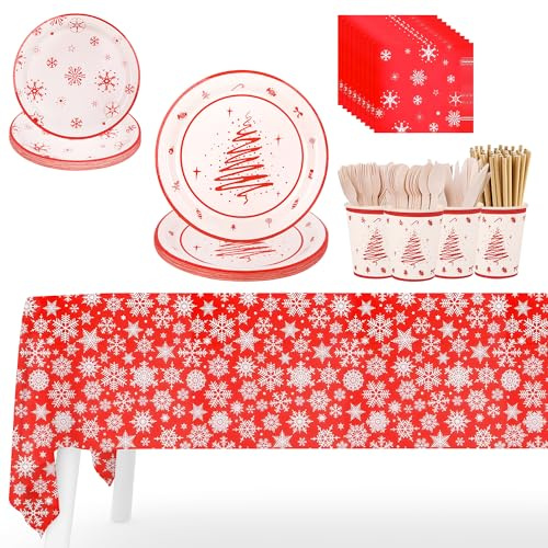 WedDecor Ensemble de vaisselle jetable de 138 pièces comprenant assiettes, tasses, pailles, serviettes, nappe rectangulaire de Noël et couverts en bois pour 16 invités | Thème de Noël rouge et blanc