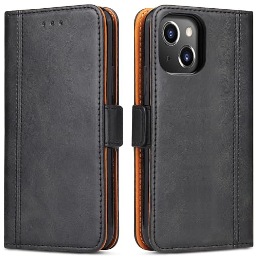 Handyhülle für iPhone 14, Leder Handytasche Kartenfach Klappständer Magnetisch Lederhülle für Apple iPhone 14 Hülle, Schwarz