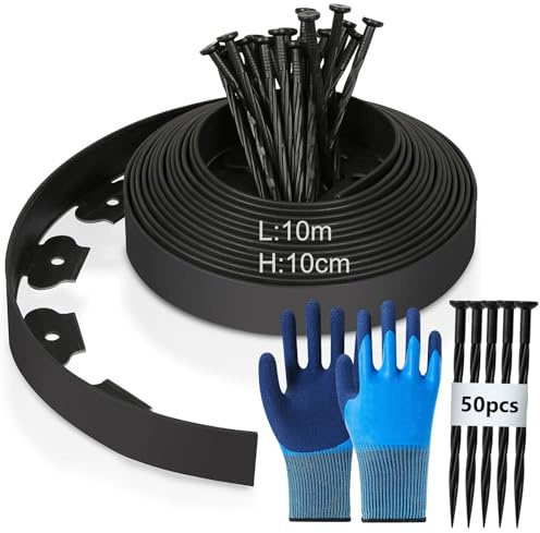 Flexibel gräskant av plast, 10 m (L) x 10 cm (H) rabattgräns, rabattkant, klippkant – kantband för gräsmatta med 50 markankare + 1 par handskar (svart)