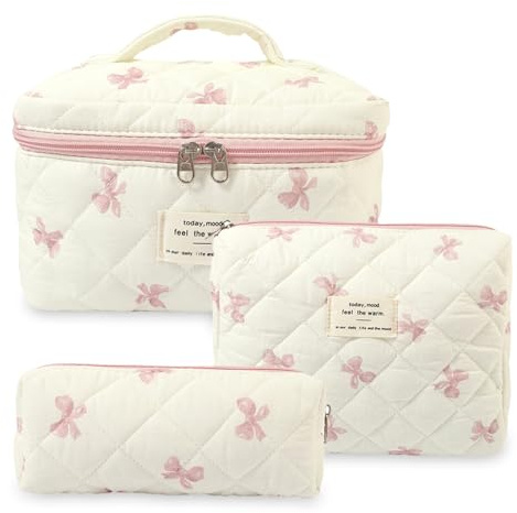 Aucuu 3PCS Coquette Makeup Bag, Quilted Makeup Bag for Women, Floral Cotton Cosmetic Bag Set, Large Capacity Aesthetic Floral Toiletry Bag, Travel Toiletry Bag, Wash Organizer Pouch for Women Girls