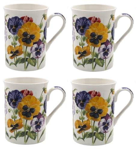 Tamersgifts Pansy Fine China Mugs Set of 4, 300ml Floral Tea & Coffee Cups | Set of 4 matching 300ml fine china mugs with colourful Pansy flower design; microwave and dishwasher safe.