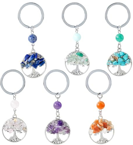 SUPERFINDINGS 6 portachiavi con albero della vita, pietra naturale di cristallo, portachiavi fatto a mano, portachiavi fai da te, con anelli divisi