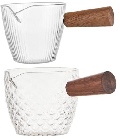 HEALLILY 2 tazas medidoras de café expreso de vidrio resistente al calor con mango ergonómico de madera para verter fácilmente café, leche, espuma de miel y salsas para uso en barra de café