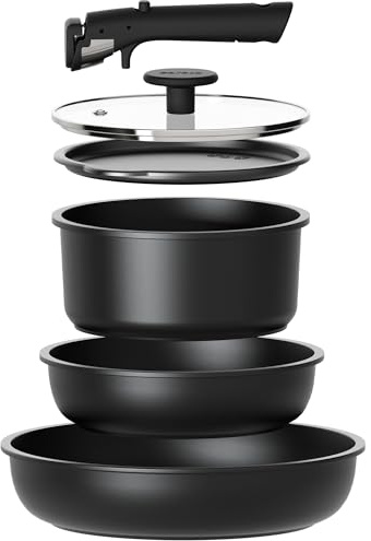 CAROTE 6pcs Pots and Pans Set Non Stick, Cookware Sets, Kitchen Set, Oven/Fridge Safe, Space Saving Pots Set, Nonstick Cooking Set with Versatile Detachable Handle, Induction RV Set, Jet Black