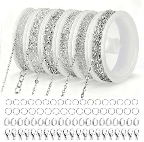 14 m 6 rullar länkkedja guld, länkkedja metervara, smyckestillverkning tillbehör med ringar och karbinhakar och U-ringar, smyckestillverkningskedja för gör-det-själv-halsband, armband (silver)