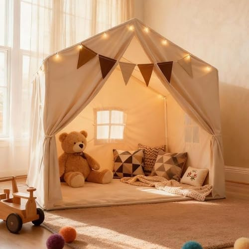 Tienda de campaña para niños, casa de juegos interior con alfombrilla/luces de estrella/bandera, tienda de campaña grande de 57 x 36 x 52 pulgadas, tienda de campaña para niños, rincón de lectura y