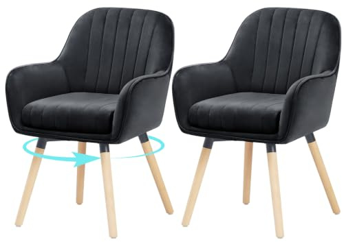 ELUCHANG Esszimmerstühle 2er Set, 360° Drehbar, 12cm Dicke Polsterung Stuhl mit Hohen Armlehnen, Schwarz Samt, bis 150 kg Belastbar, für Schlafzimmer Küche Wohnzimmer