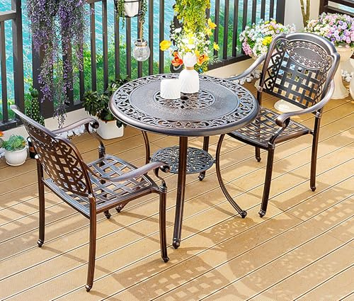 Trädgårdsgjutet aluminium bistroset, 3-delad utomhusmöbler med runt bord 80 cm, brons uteplats matset med dekorativt mönster, väderbeständig metallkonstruktion