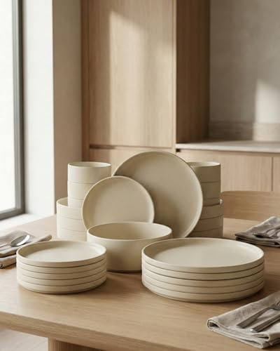 Steinzeug Geschirrset 25-teilig für 6 Personen – BAVARY – Beige Tafelservice im Granit-Look matt & glänzend mit Tellern & Schalen – spülmaschinenfest & mikrowellengeeignet