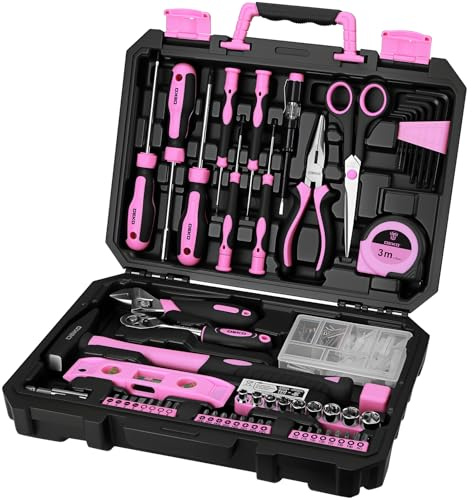 DEKO 138 Piece Pink Tool Kit Complete Home Tool Set with Claw Hammer, Adjustable Wrench, Combination Pliers, Screwdriver Set, Tape Measure - Basic Household Repair Toolbox for DIY Projects