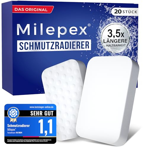 Milepex® Schmutzradierer [20x] – Premium Schwamm für Wand, Boden, Sneaker & Auto | Zauberschwamm & Magic Eraser für Haushalt, Bad & Küche | Extra stark & langlebig | Nur mit Wasser | Vorteilspack