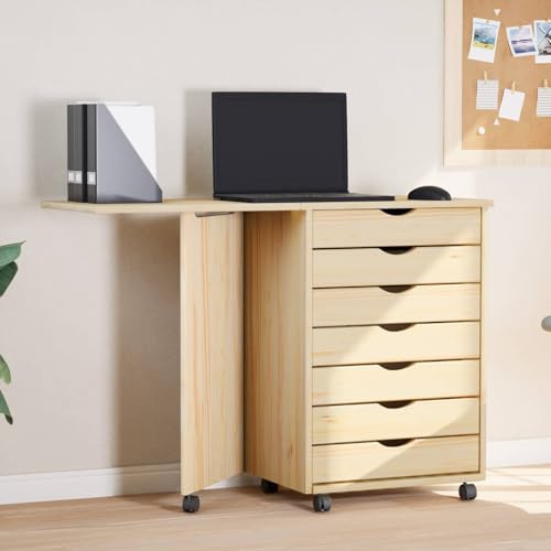 EDNRSOG Armario con ruedas con escritorio, 105,5 x 39 x 74,5 cm, madera de pino | Mesa plegable, diseño 2 en 1, ruedas, asas de borde, espacio de almacenamiento