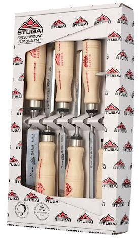 STUBAI Spezial Stemmeisensatz | schwedische Form | 6-teilig (6/10/13/16/20/26 mm) | Weißbuchen-Holzheft, polierte Spiegelflächen, Seitenfasen, Profi-Beitel-Set für präzise Holzbearbeitung