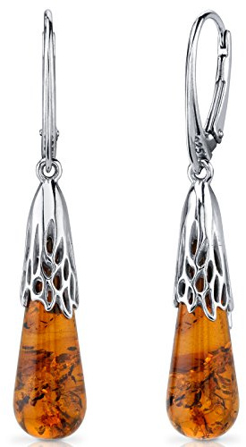 Peora Genuine Baltic Amber Drop Earrings for Women 925 Sterling Silver, Intricate Teardrop Shape, Rich Cognac Color, Lever backs, Real for Adults